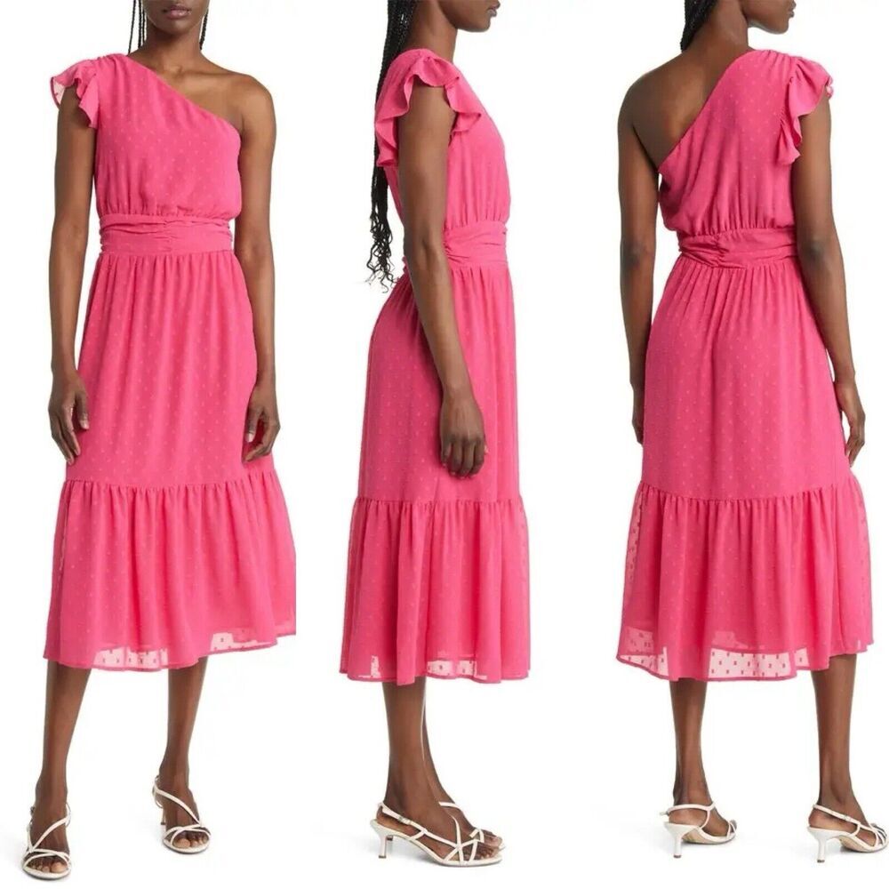Chelsea28 Womens Midi Dress Size S Swiss Dot One-shoulder Pink Tiered Barbiecore